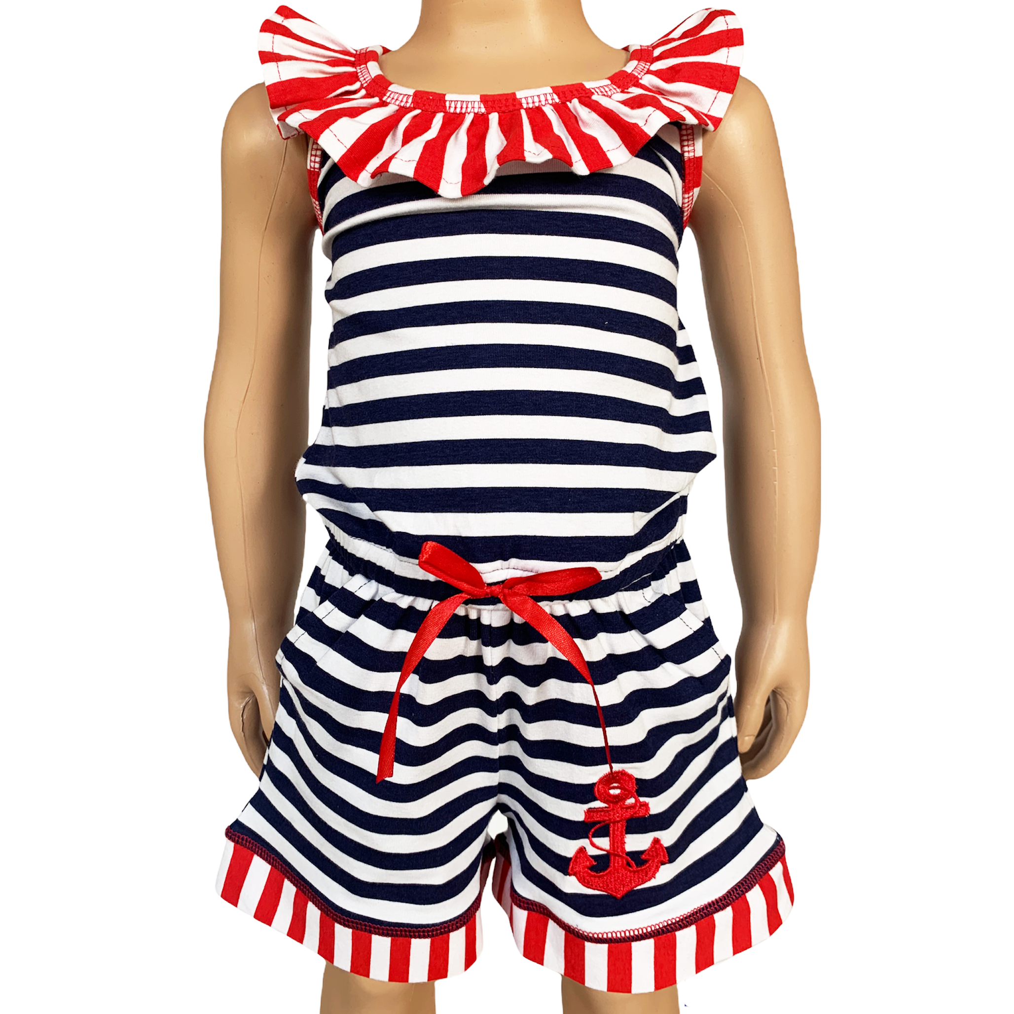 AnnLoren Girls Anchors Away Nautical Jumpsuit featuring criss-cross straps, elastic waist, and pockets, perfect for summer wear.